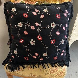 Floral Embroidered Black Accent Pillow